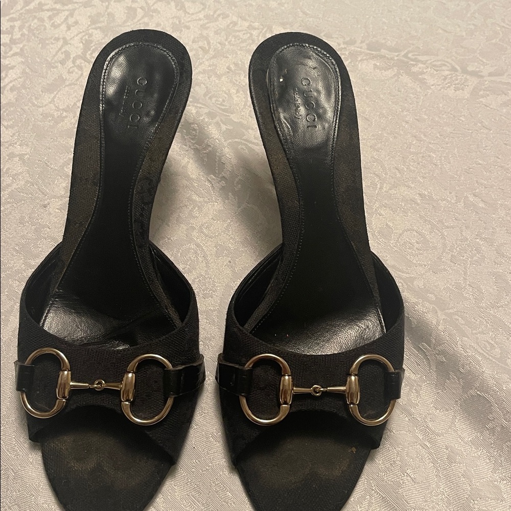 Gucci Black Heeled Sandals with Gold Buckle